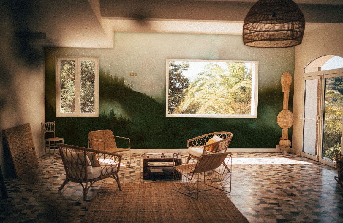 Papier peint mural panoramique forêt avec brouillard pour décoration personnalisée moderne
