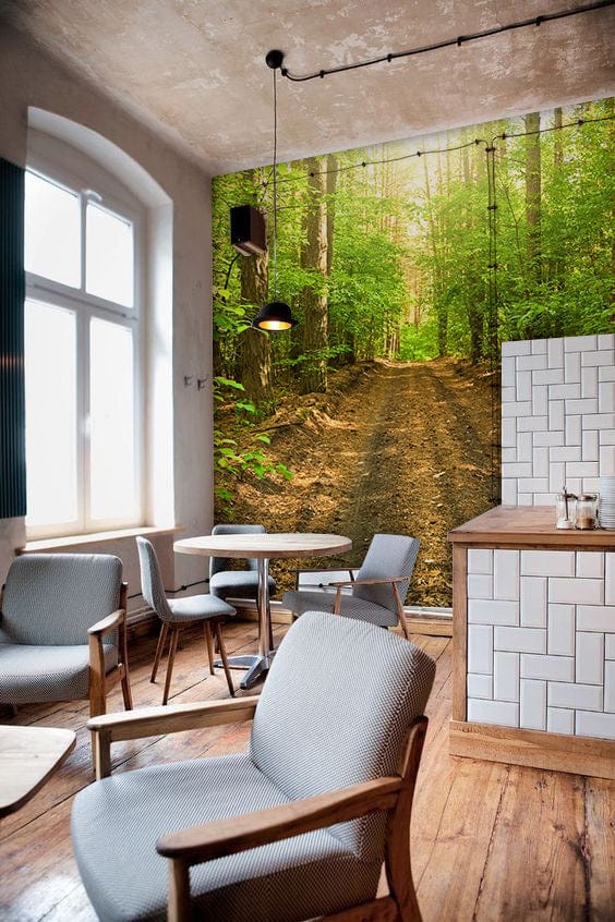 Papier peint mural avec motif d’allée forestière pour une décoration personnalisée moderne