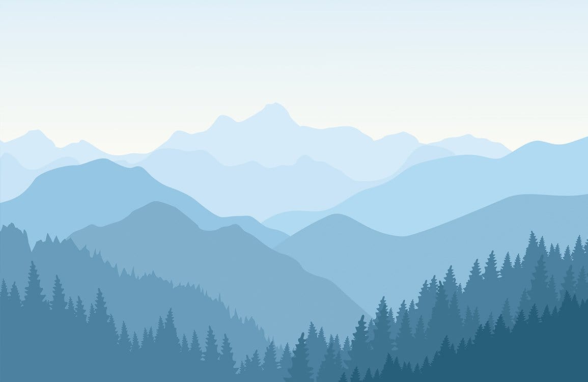 Papier peint mural panoramique montagne ombragée avec forêts d’arbres à feuilles persistantes