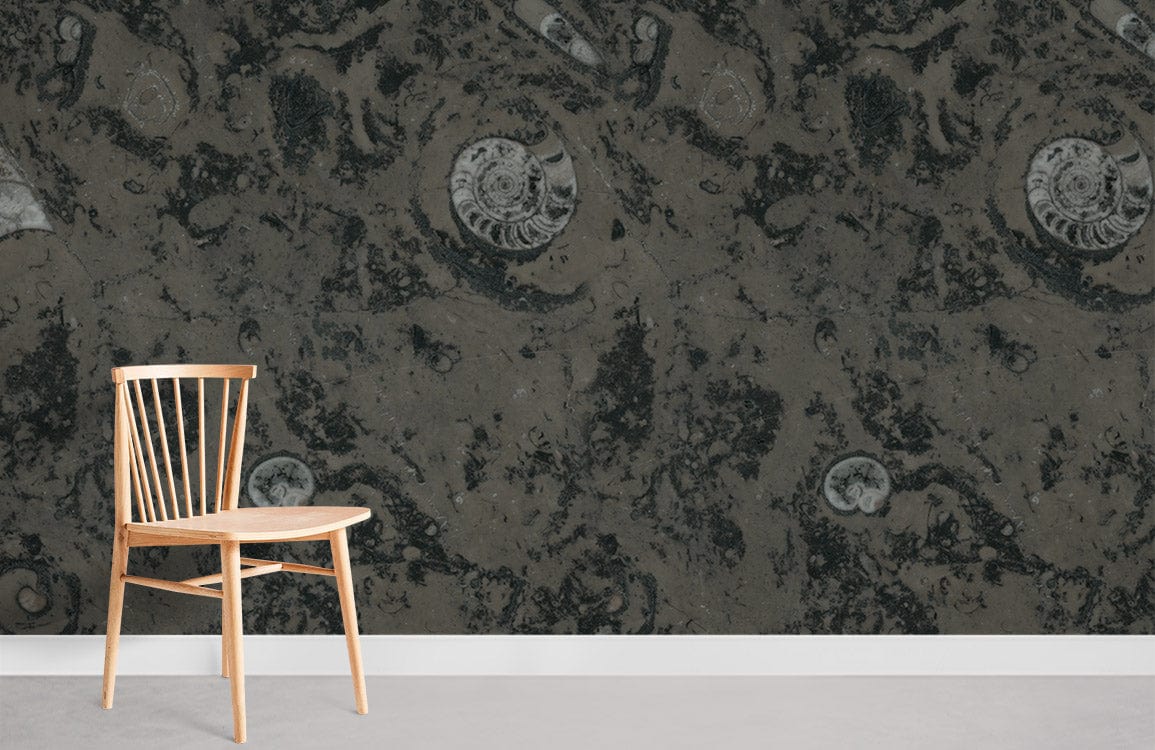 Chaise en bois clair Windsor avec papier peint mural à motif de fossiles marins