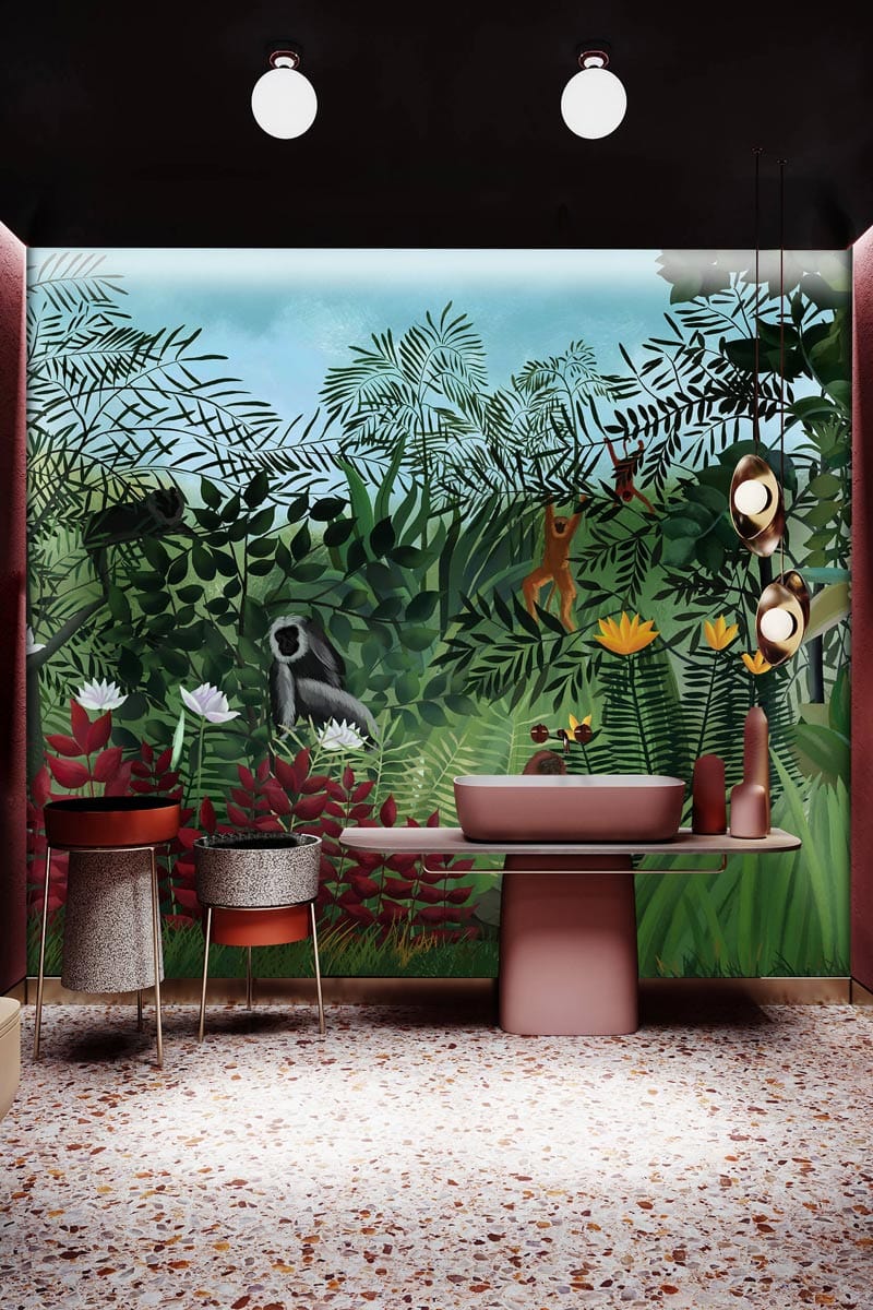Papier peint mural forêt et orang-outan avec vanity contemporain et bassin rose