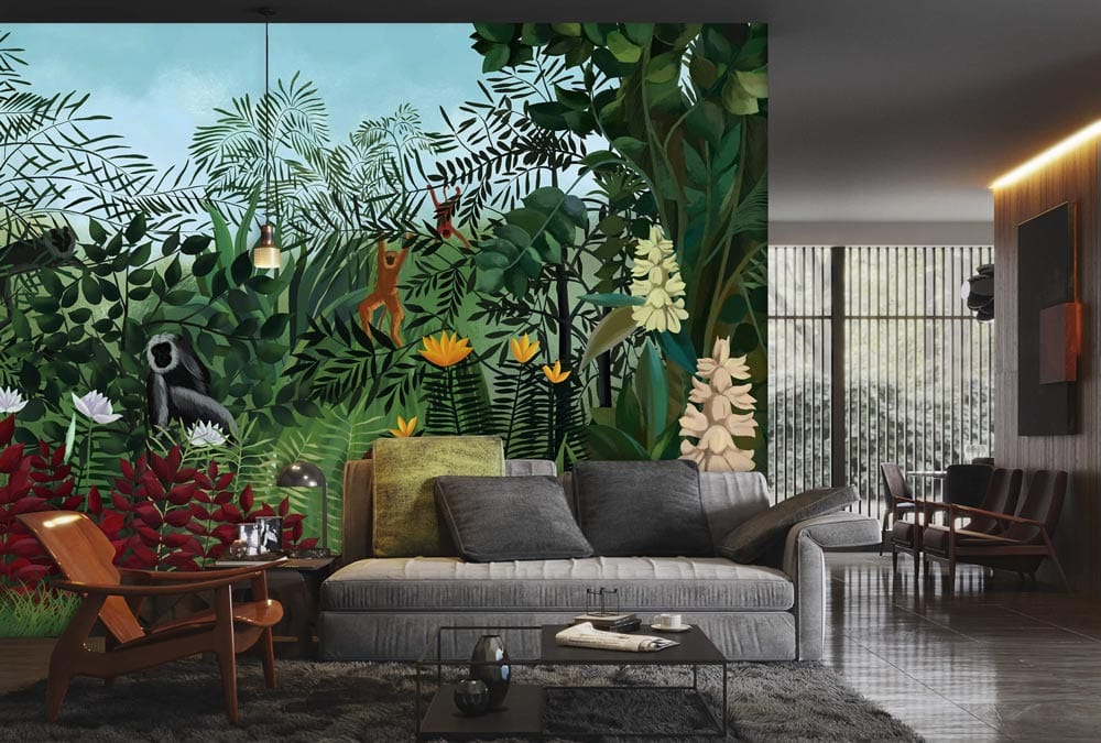 Papier peint mural avec motif de forêt et orang-outan dans un salon moderne