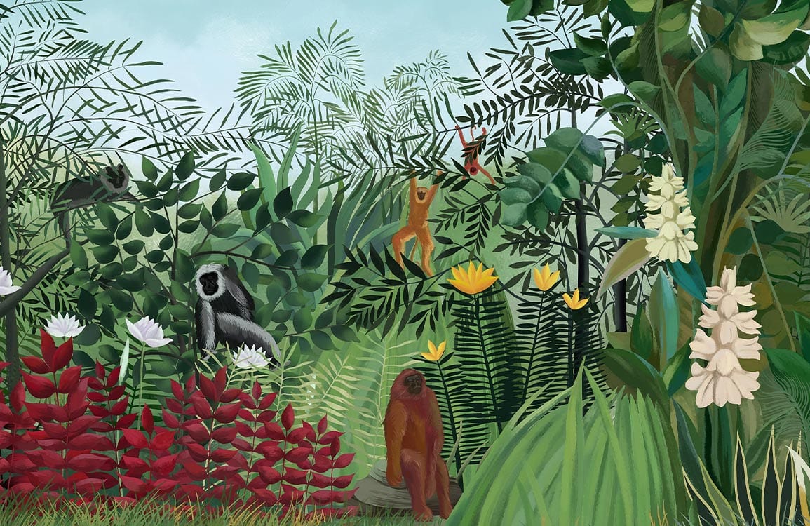 Papier peint mural forêt avec orang-outan et singes, décoration jungle vibrante