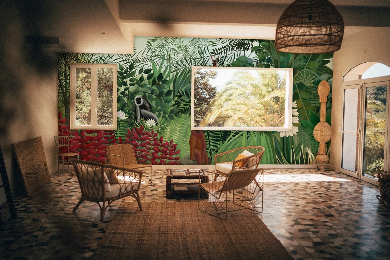 Papier peint mural forêt avec orang-outan, pièce lumineuse, mobilier en osier
