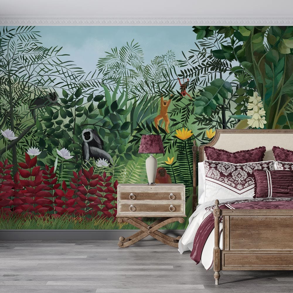 Papier peint mural forêt et orang-outan pour chambre avec peinture murale personnalisée