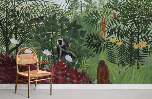 Papier peint mural avec une forêt et des singes. - Le meilleur Papier peint panoramique Sur mesure