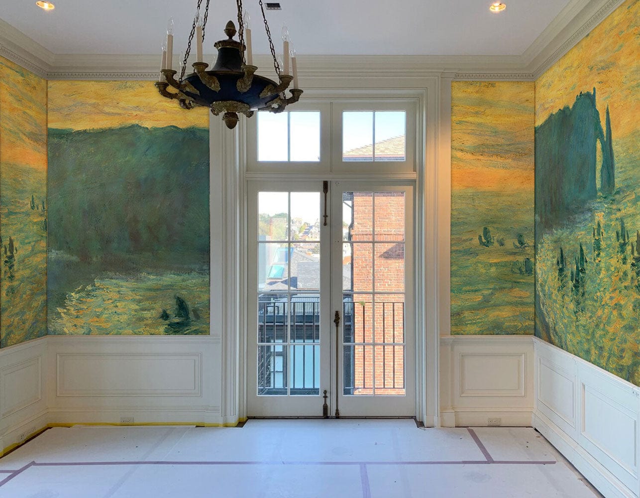 Papier peint mural avec vue sur l’océan, murales scéniques et chandelier classique