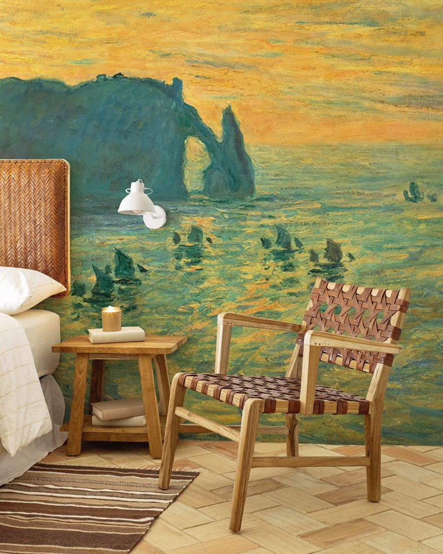 Papier peint mural avec vue sur l’océan et fauteuil en bois avec lanières de cuir