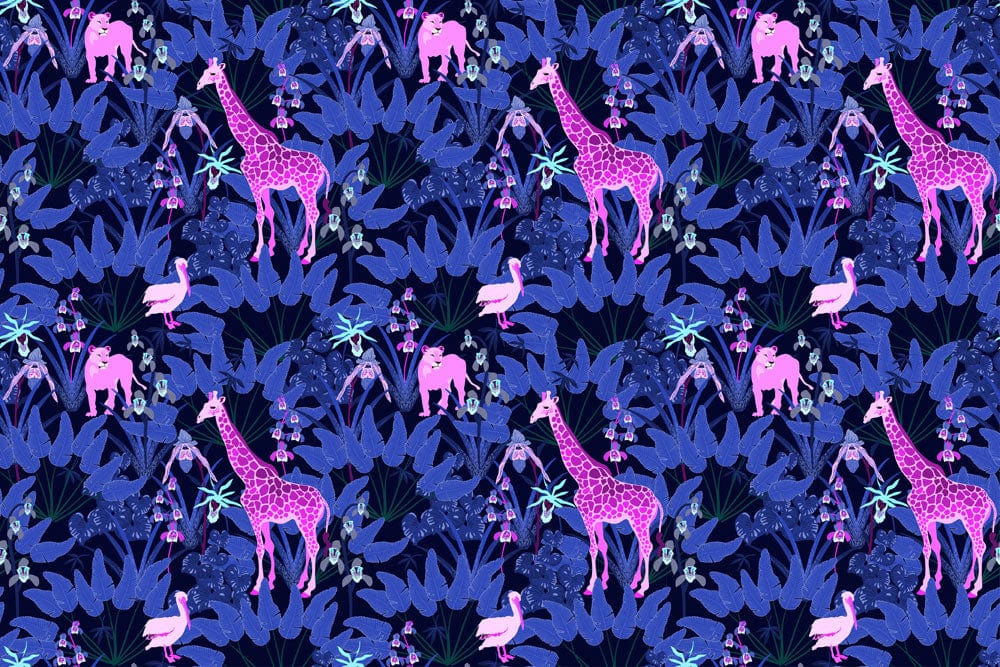 Papier peint mural aventure nocturne magique avec girafes, éléphants et oiseaux colorés