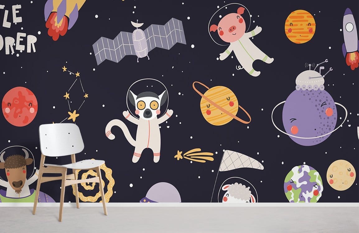 Peinture murale aventure avec planètes, fusées et animaux en astronautes, mural aventure spatiale