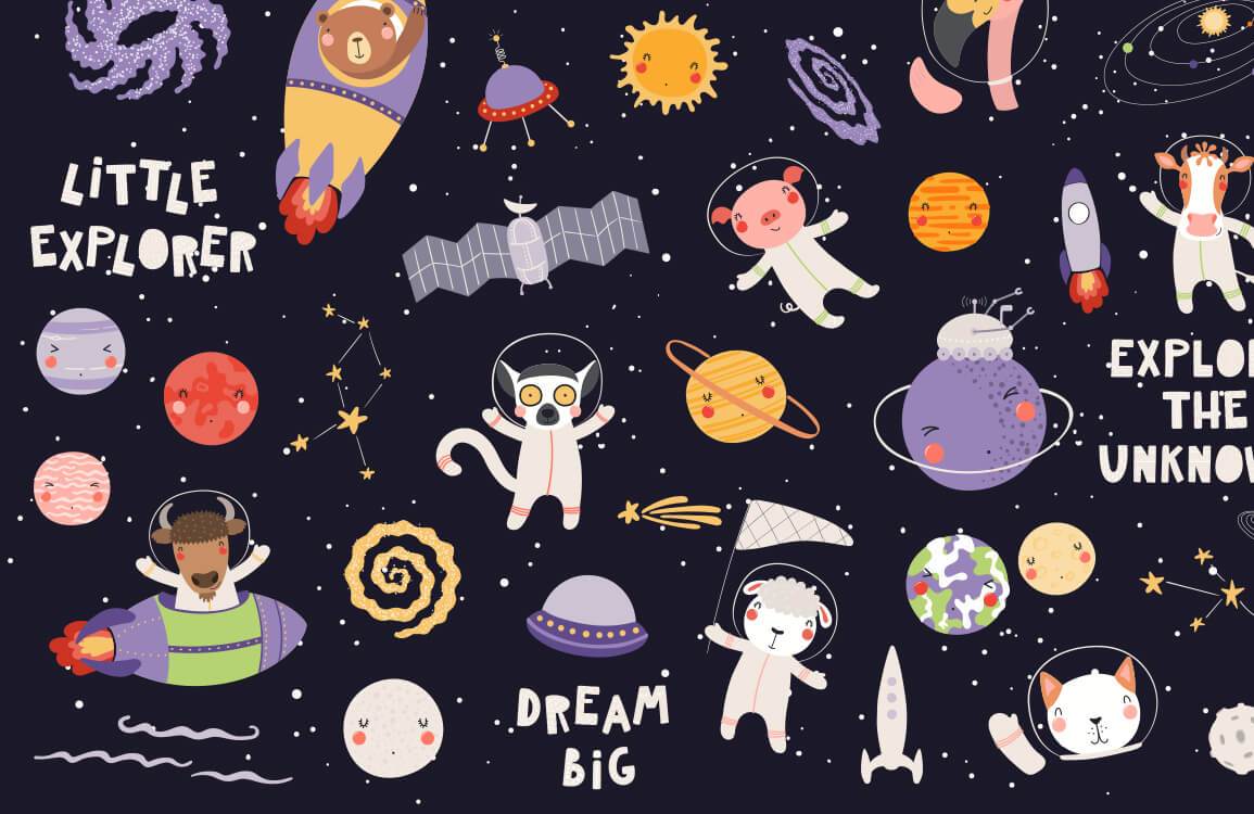 Peinture murale aventure avec animaux, planètes et fusées dans l’espace pour mural aventure spatiale