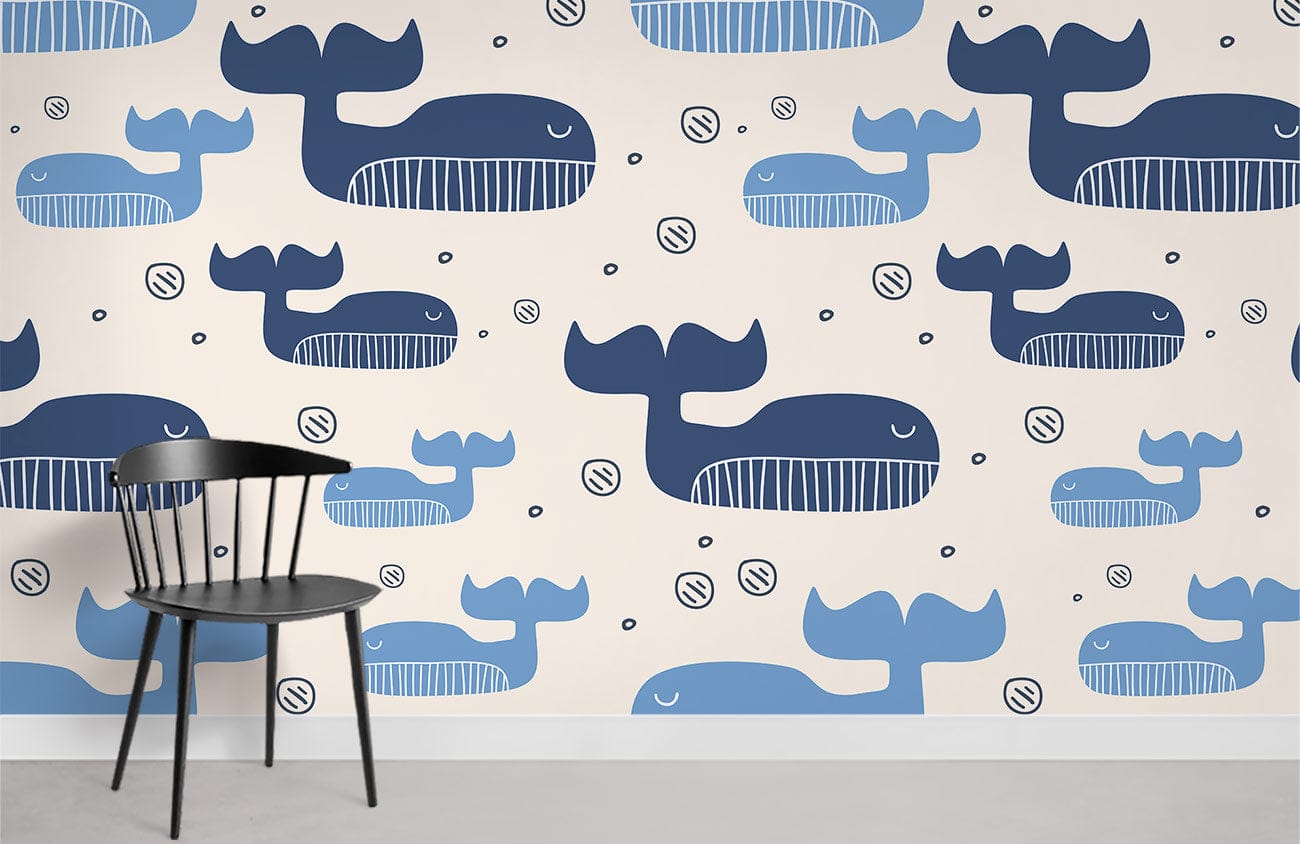 Papier peint mural baleine avec chaise noire, décoration murale relaxante pour intérieur