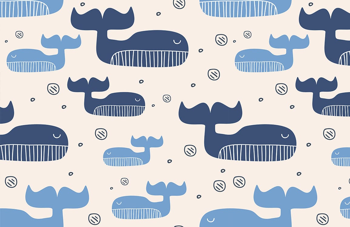 Peint mural baleine avec motifs de baleines et bulles sur fond clair pour décoration intérieure