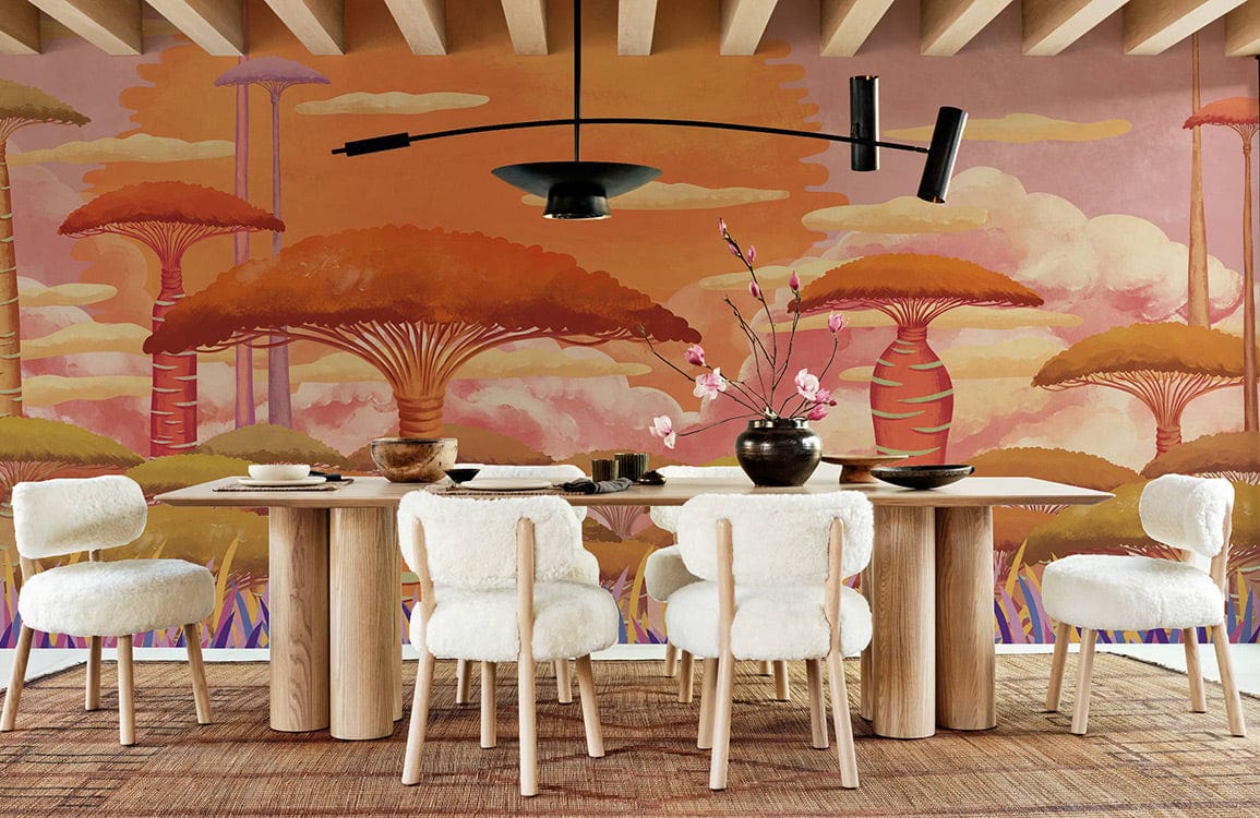 Photo d’une salle à manger moderne avec table longue et chaises blanches, mural baobab