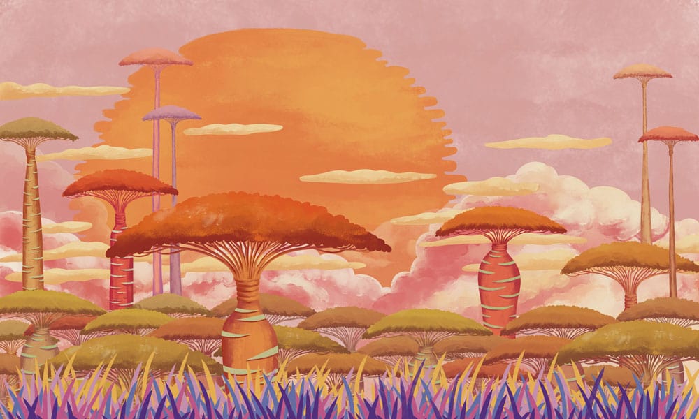 Peint mural Baobab avec paysage extraterrestre, arbre champignon, ciel orange