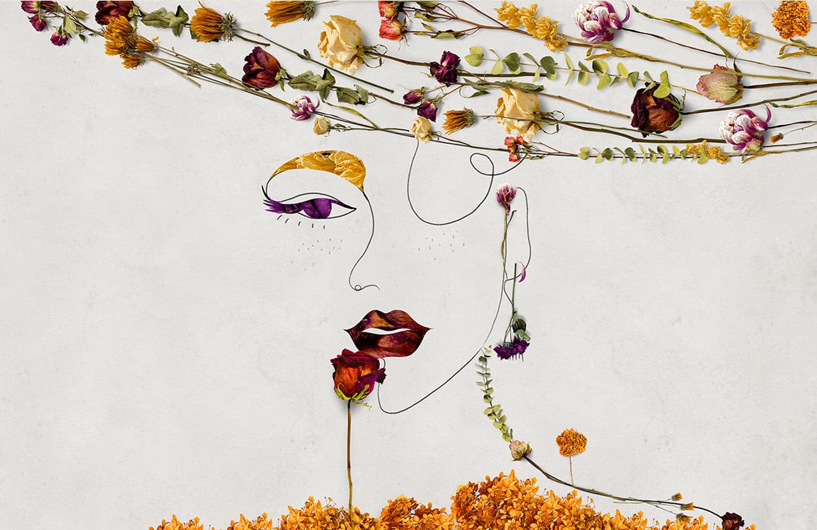 Illustration artistique d’une femme avec fleurs séchées pour le papier peint mural Beauté Florale