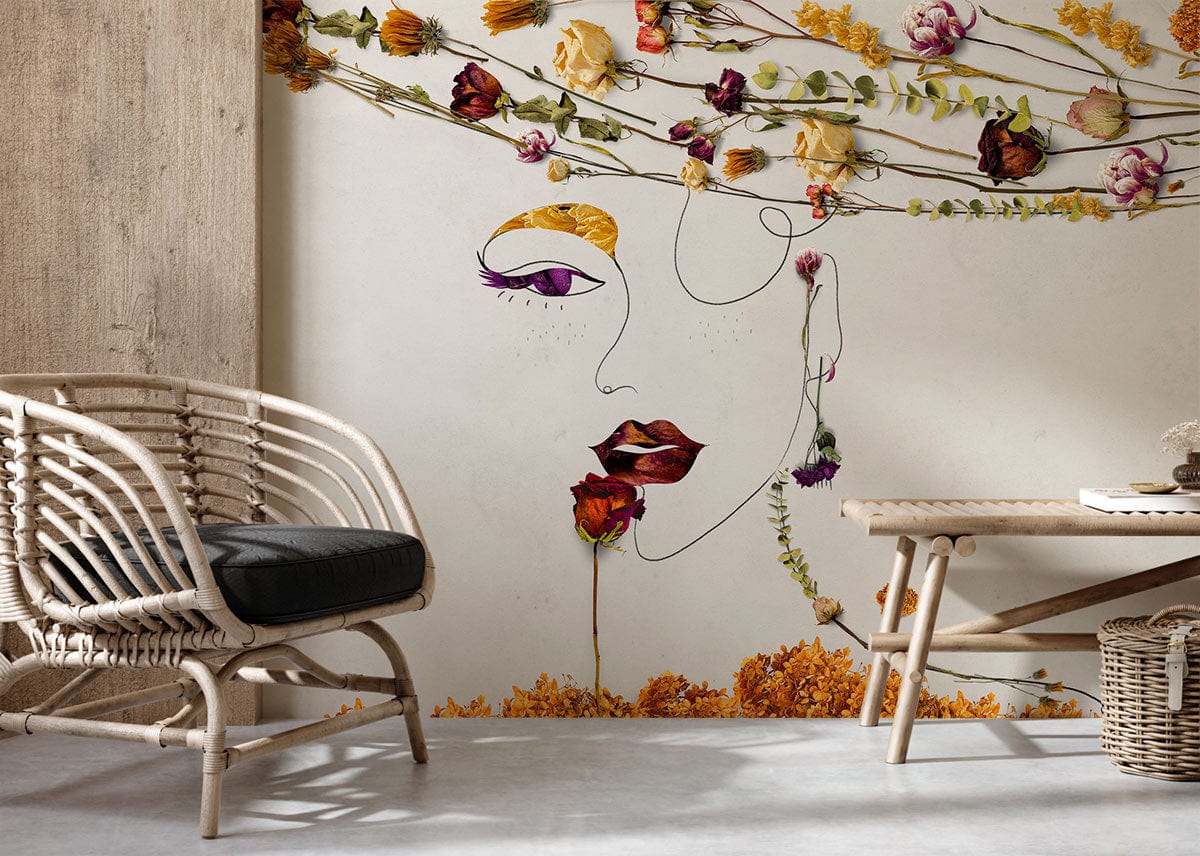 Mural beauté florale en papier peint mural avec visage de femme en lignes et fleurs séchées