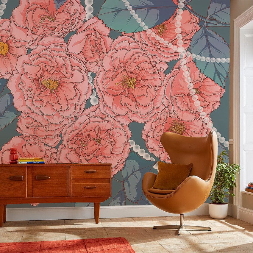 Peinture murale bijoux pétales roses avec fleurs roses et accents de perles