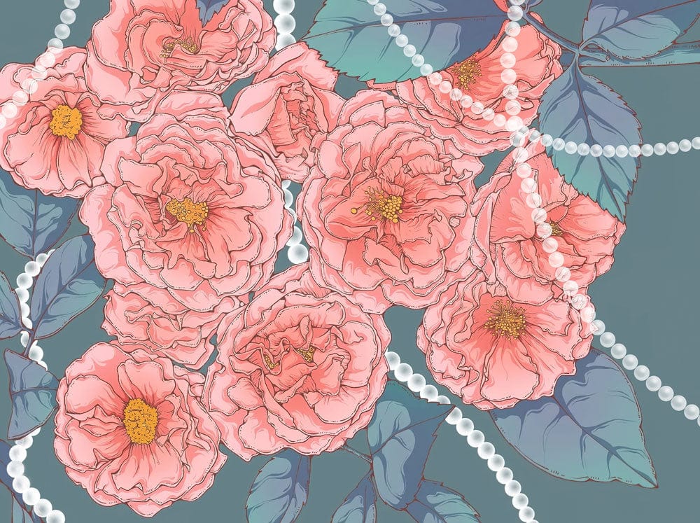 Peinture murale bijoux avec roses roses et perles blanches pour décoration élégante