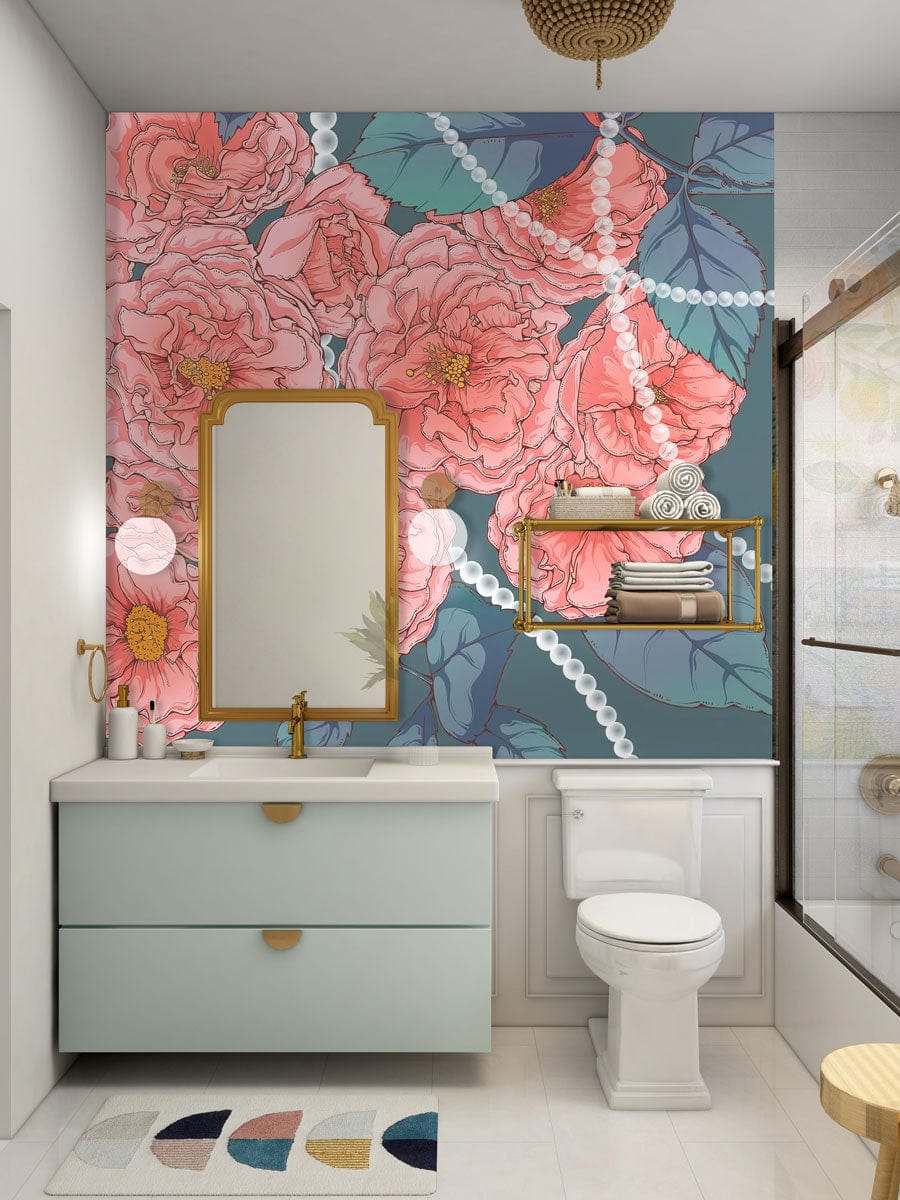 Peint mural bijoux avec fleurs roses pour salle de bain, style bijoux pétales roses