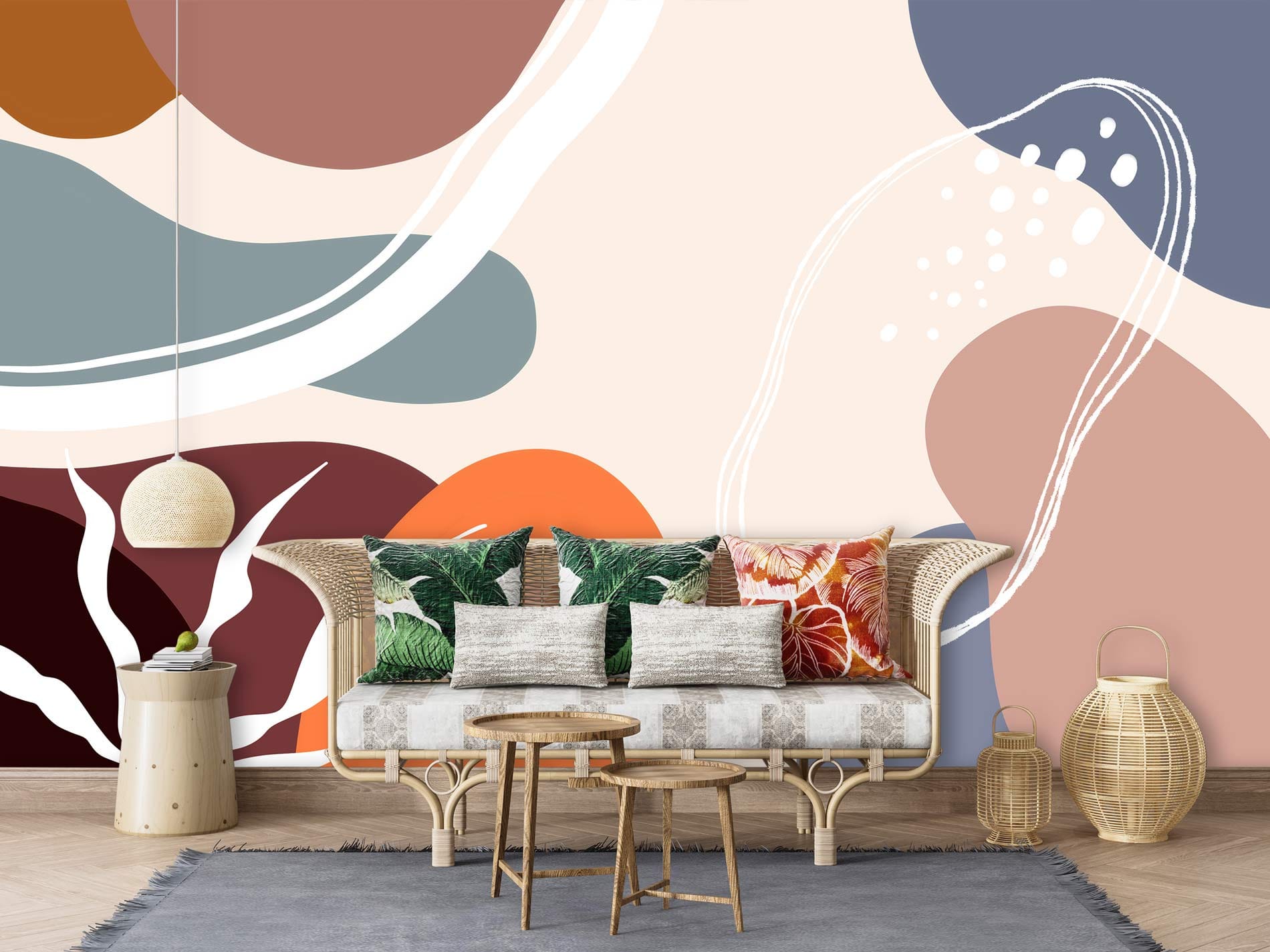 Papier peint mural abstrait avec formes organiques et couleurs pastel pour mural bloc Morandi