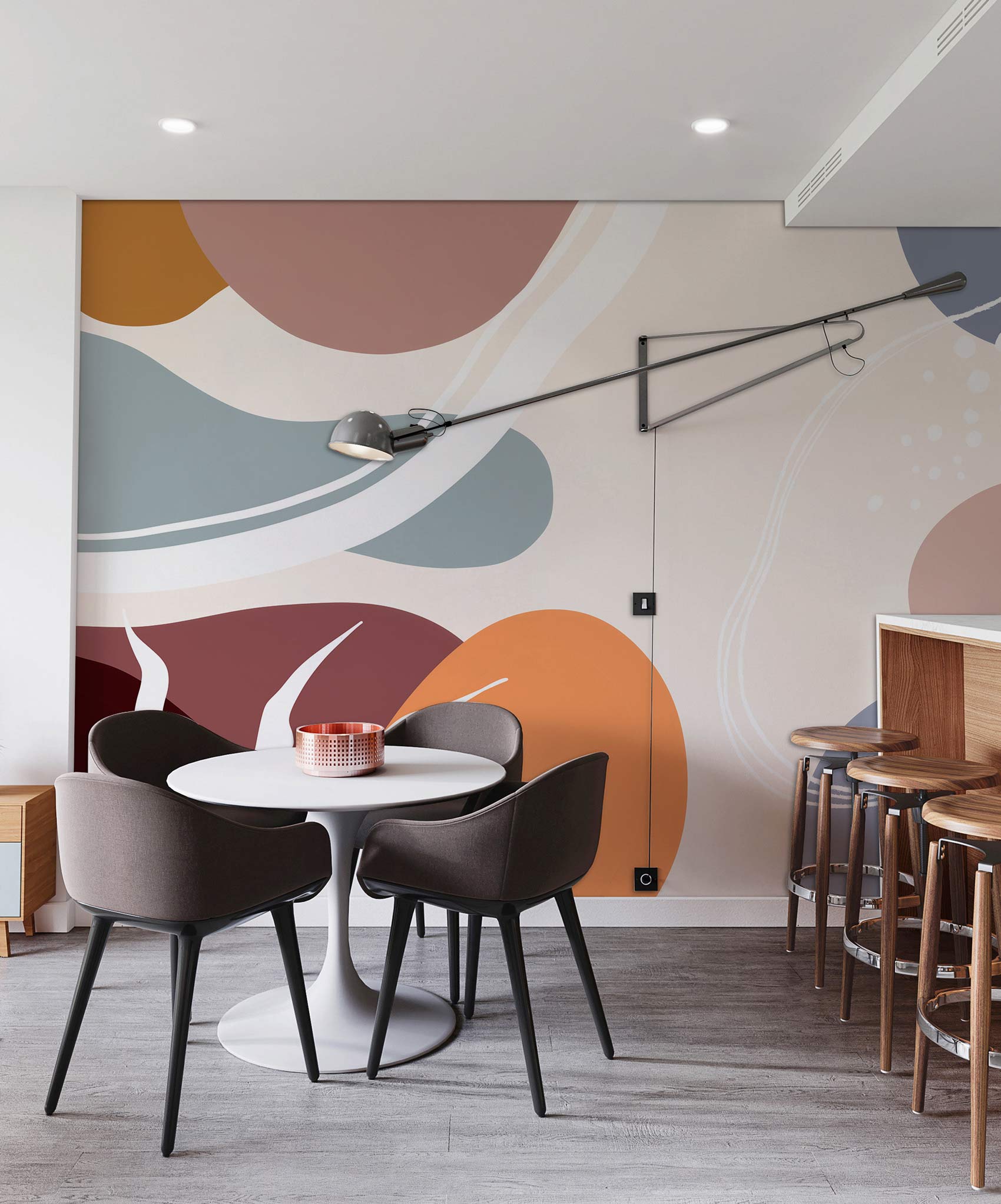 Papier peint mural moderne avec mural bloc Morandi et coin bar dans salle à manger