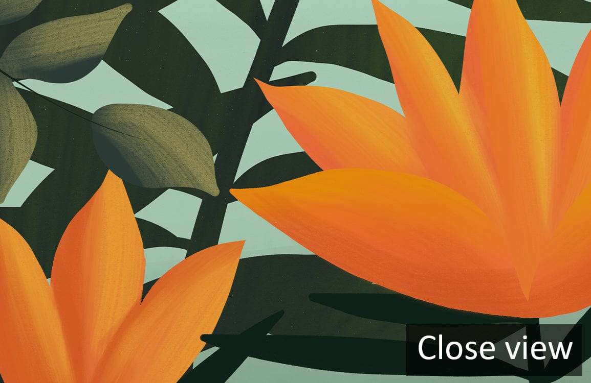 Illustration numérique de fleurs oranges et feuilles vert foncé pour papier peint panoramique