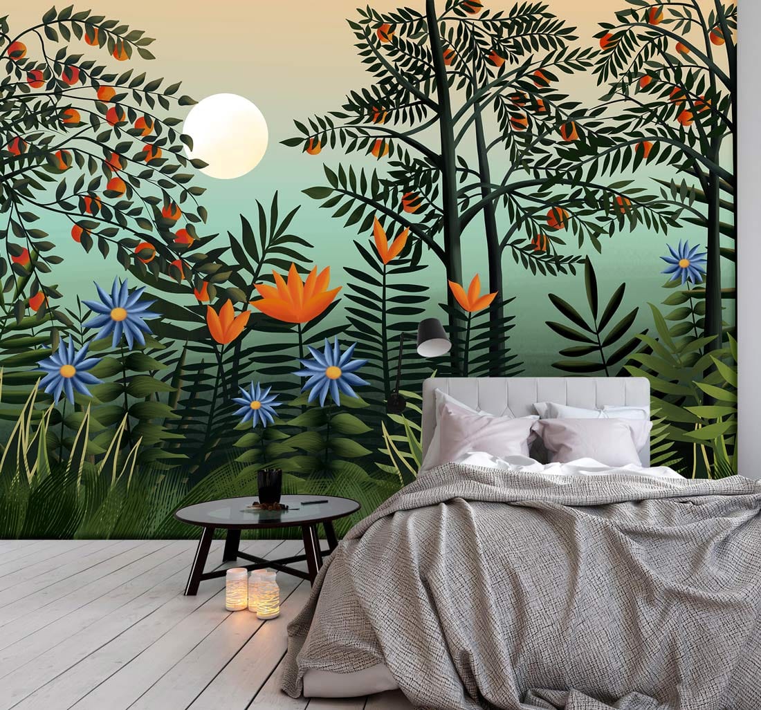 Papier peint panoramique mural bois verdoyant avec jungle tropicale pour décoration personnalisée