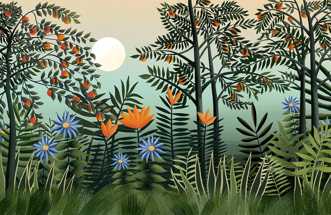 Papier peint panoramique jungle stylisée avec grand moon, décoration personnalisée bois verdoyant