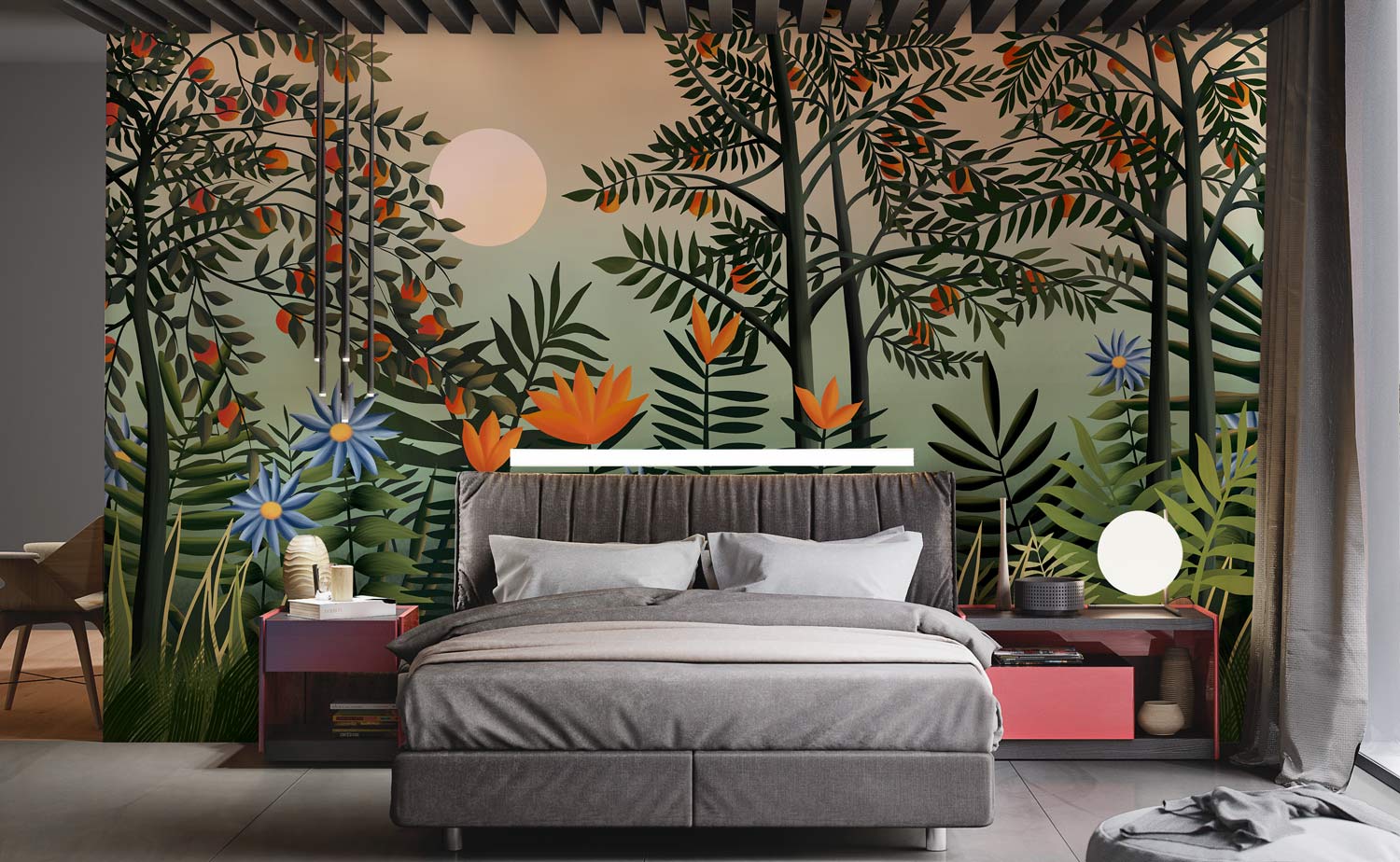 Papier peint panoramique bois verdoyant pour décoration personnalisée dans une chambre moderne