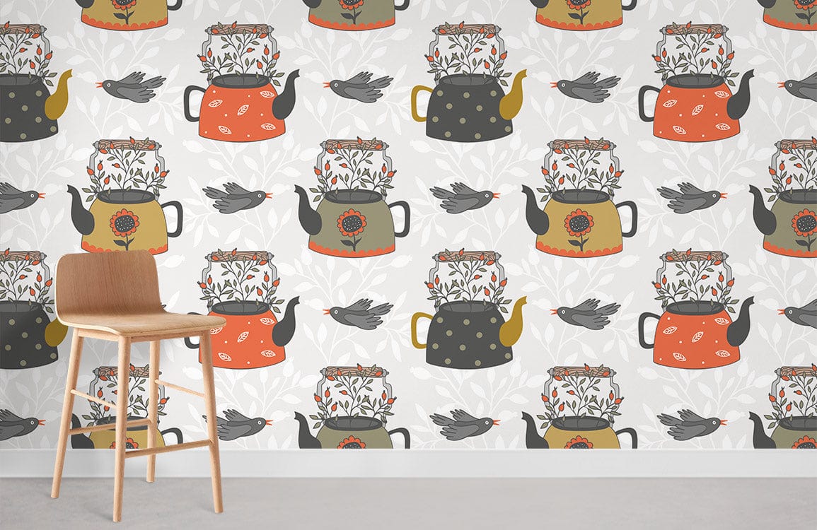 Papier peint mural Bouilloires et Hirondelles avec motifs de tasses et oiseaux