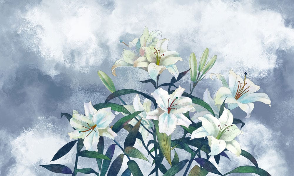 Papier peint mural bouquet de lys bleus avec fleurs blanches et feuilles vertes
