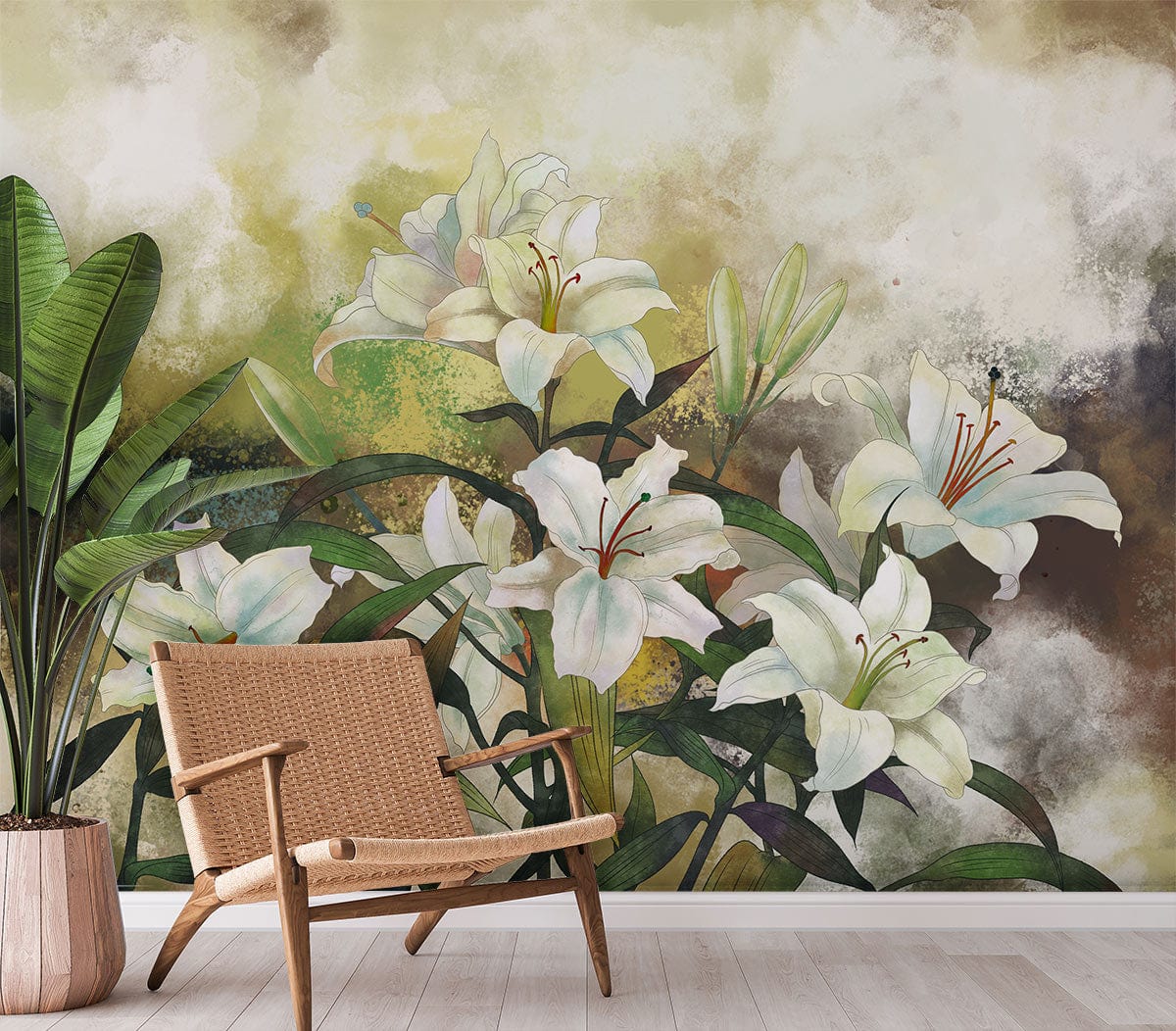 Chaise en rotin confortable avec bois, idéale pour le papier peint mural Bouquet Lys Verts