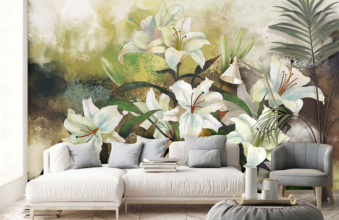 Canapé sectionnel blanc moderne avec coussins gris clair, adapté au papier peint mural Bouquet Lys Verts