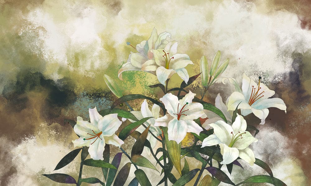 Peinture vibrante de lys verts avec feuilles sur papier peint mural Bouquet