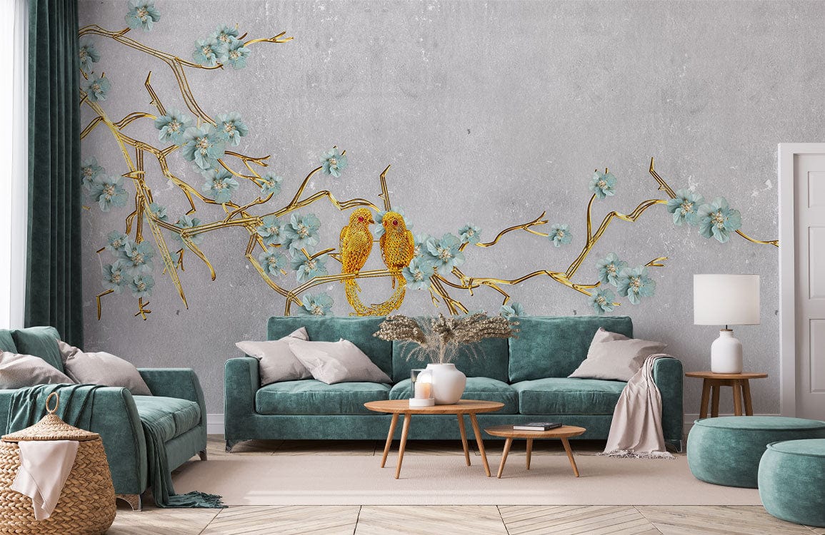 Photo d’un salon avec murale branche dorée aiguisée, papier peint mural élégante