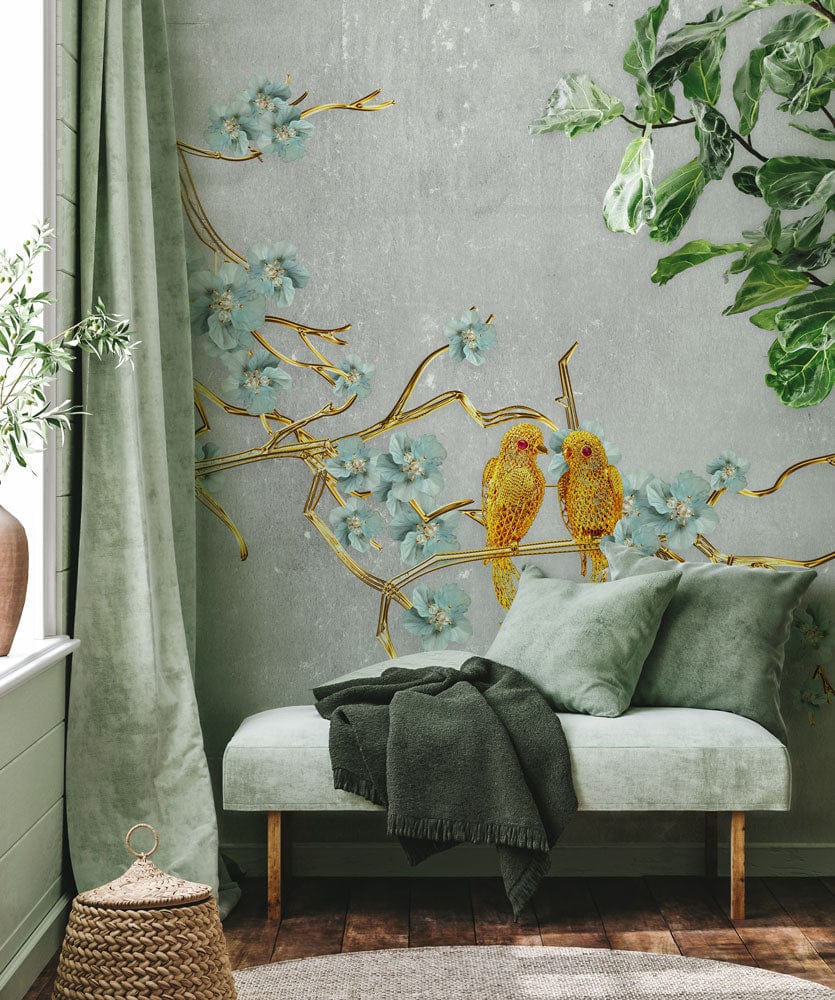 Banquette en velours vert clair avec jambes en bois, idéale pour papier peint mural murale branche dorée