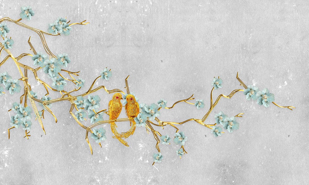 Papier peint mural branche dorée avec deux oiseaux dorés et fleurs bleues