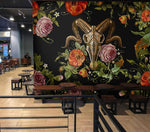 Papier peint mural brodé Crâne de bélier et fleurs sur fond noir - Vignette | Mr Papier Peint
