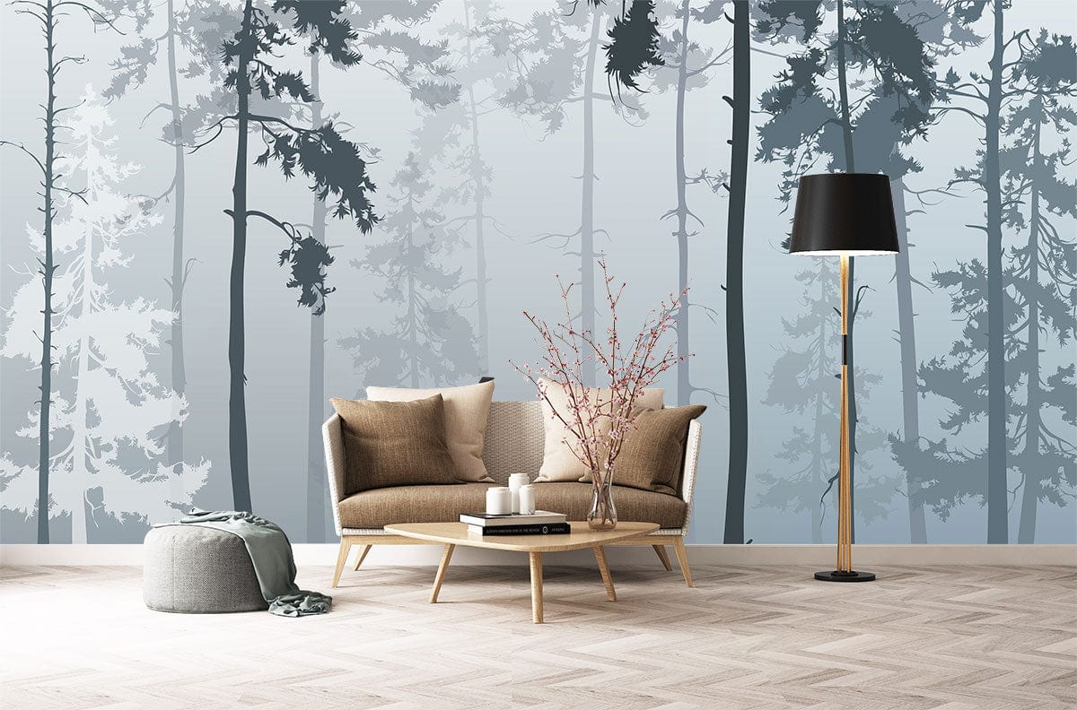 Sofa deux places moderne avec coussins, dans un décor avec papier peint mural Brouillard Matinal