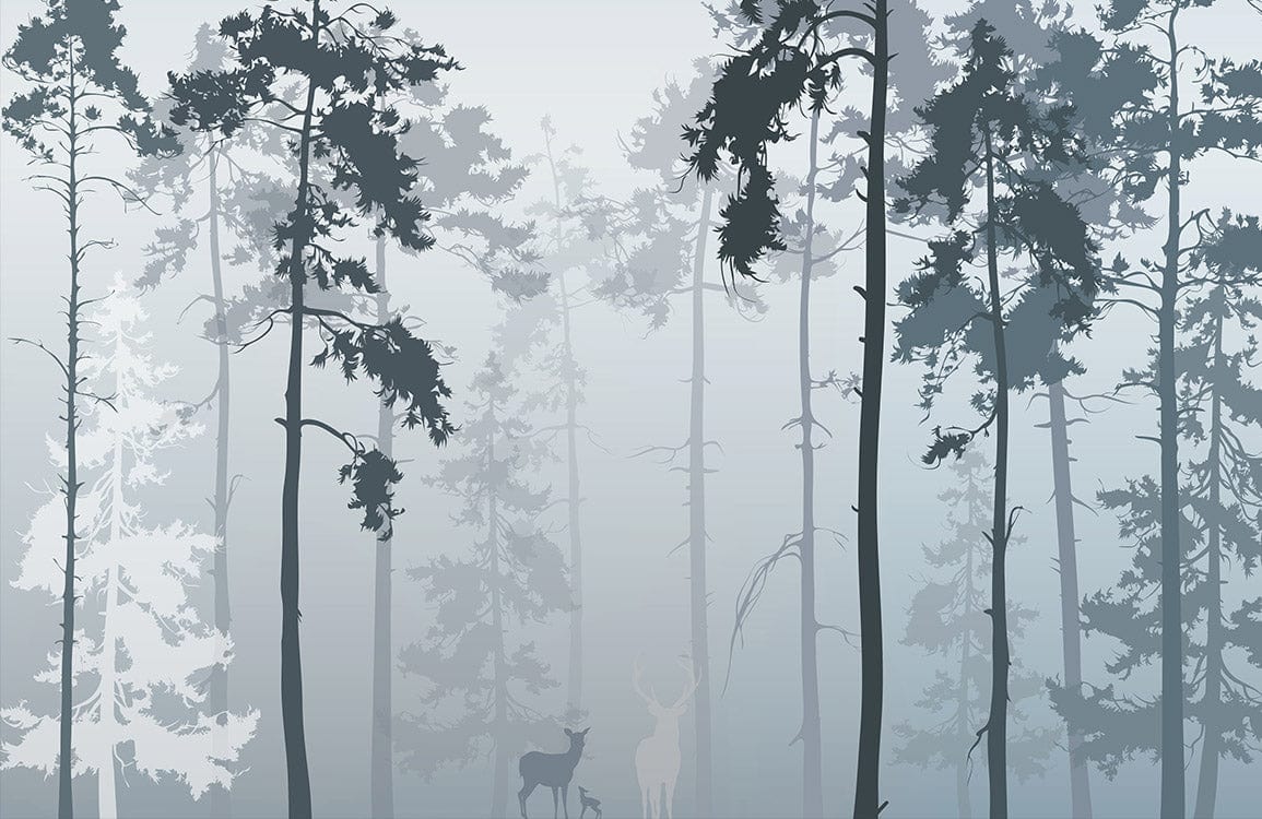 Mural brouillard matinal avec cerfs dans une forêt de pins pour votre papier peint mural