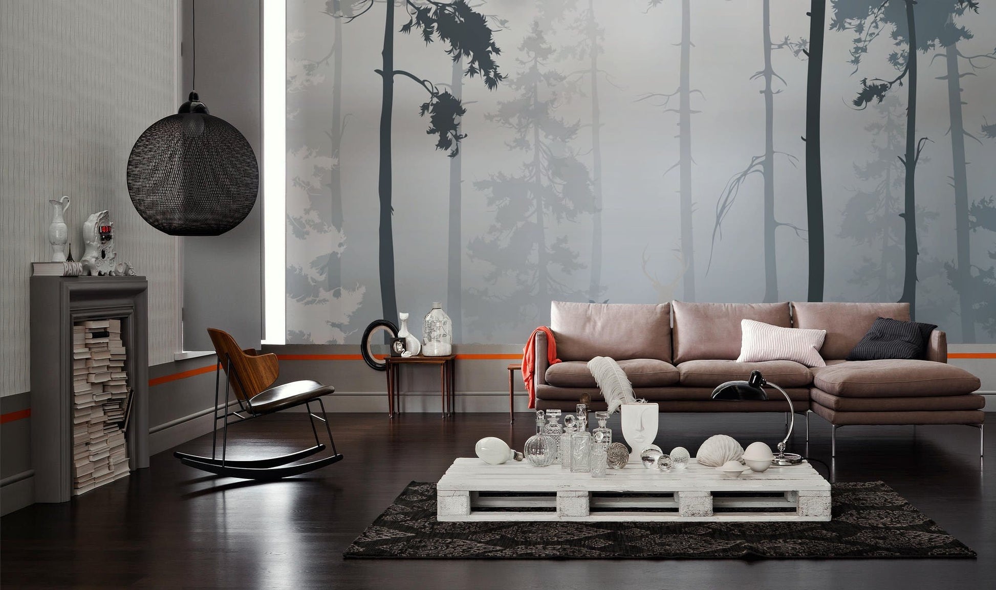 Image d’un salon moderne avec un mural brouillard matinal et un canapé neutre