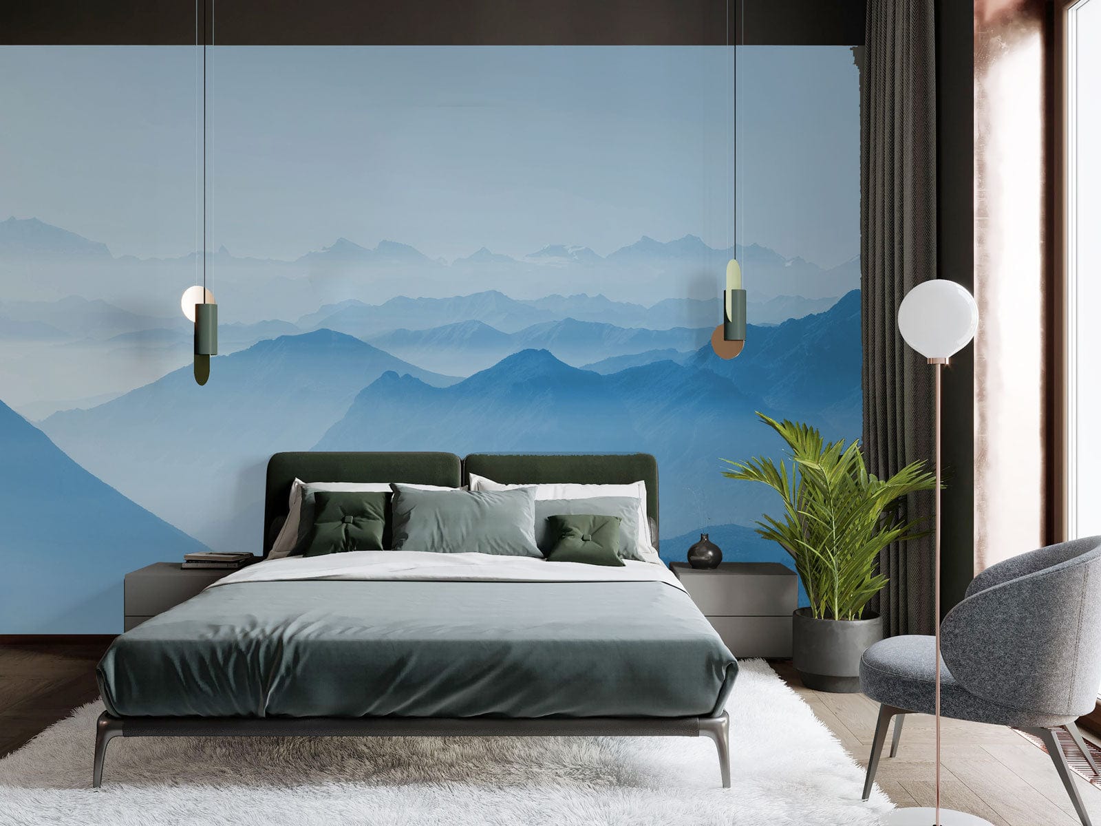 Photo d’une chambre avec un mur mural brume légère envahissant les montagnes et un lit vert foncé