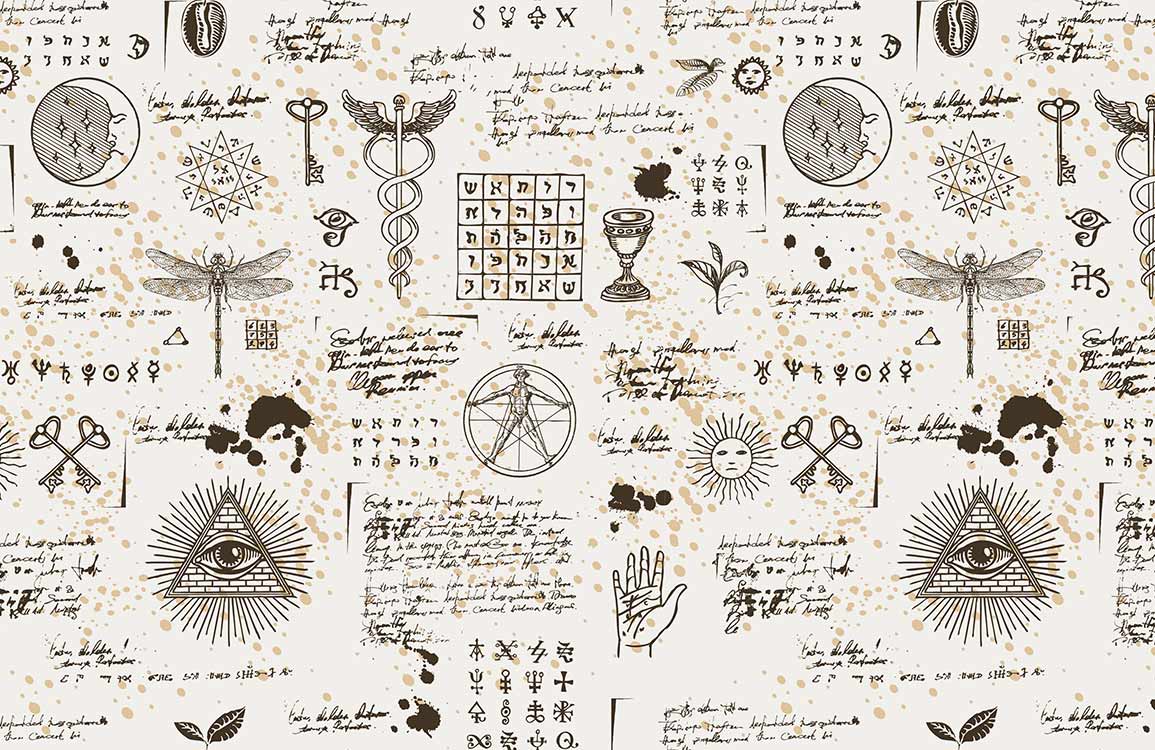 Papier peint mural avec motif de symbols alchimiques et occultes pour cabale Égyptienne