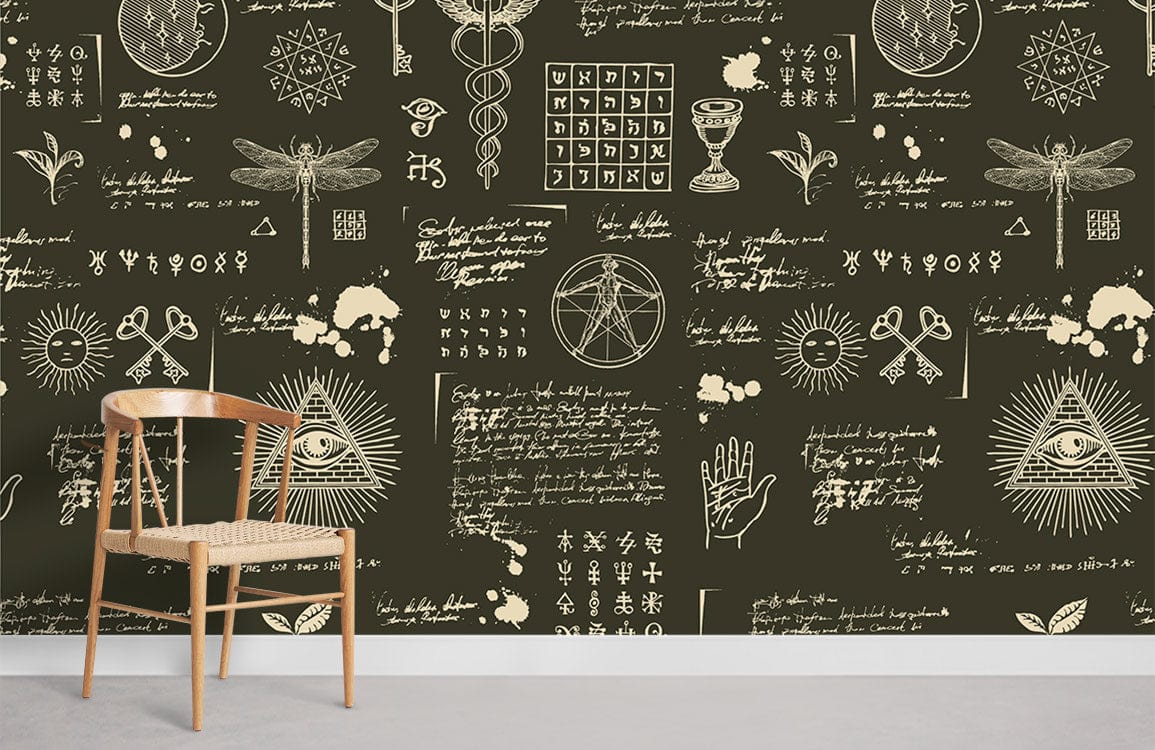 Chaise en bois avec siège tissé, idéal pour le papier peint mural Cabale sur tableau noir