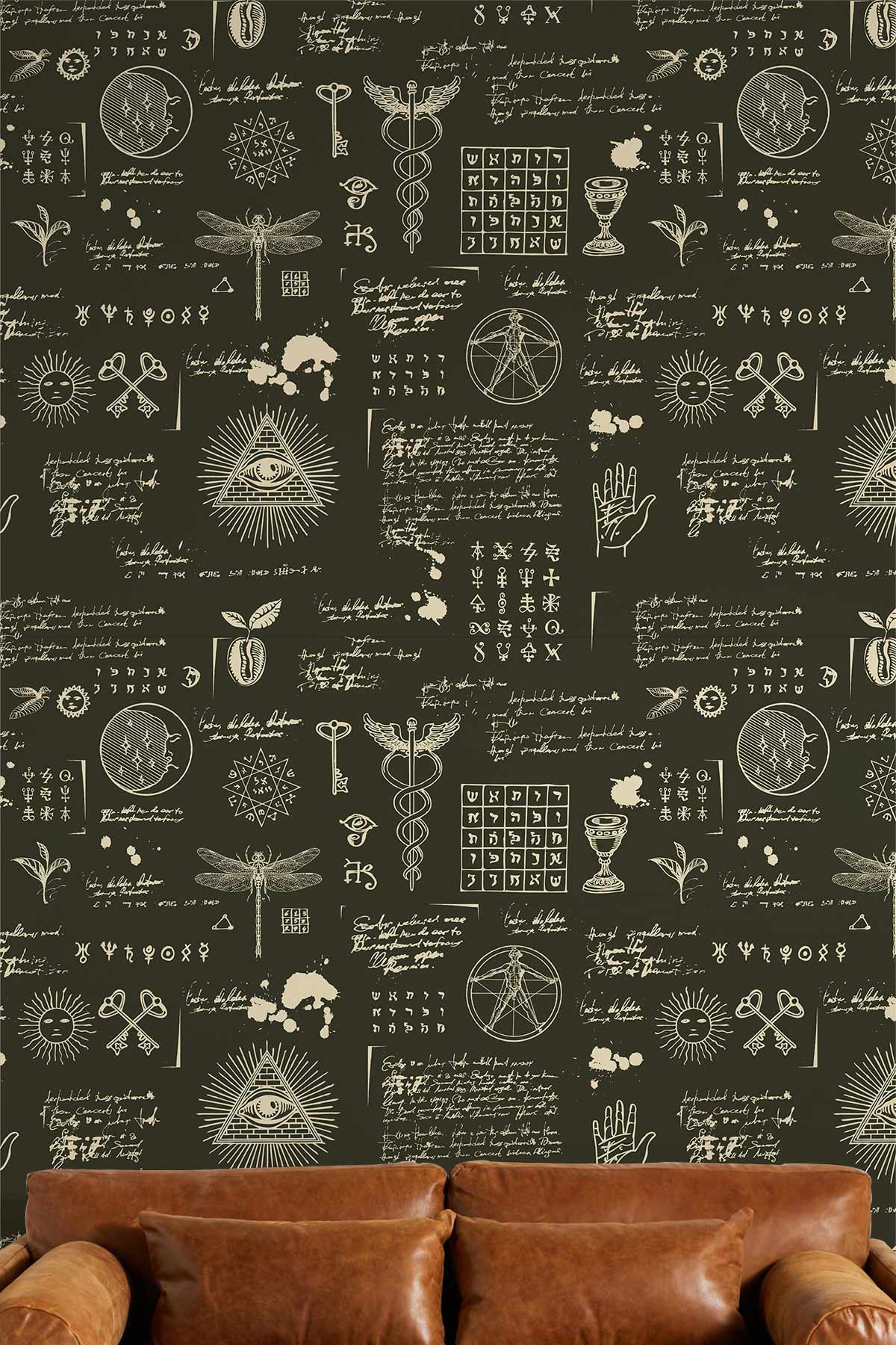 Papier peint mural cabale avec symbols occultes sur fond noir pour tableau noir