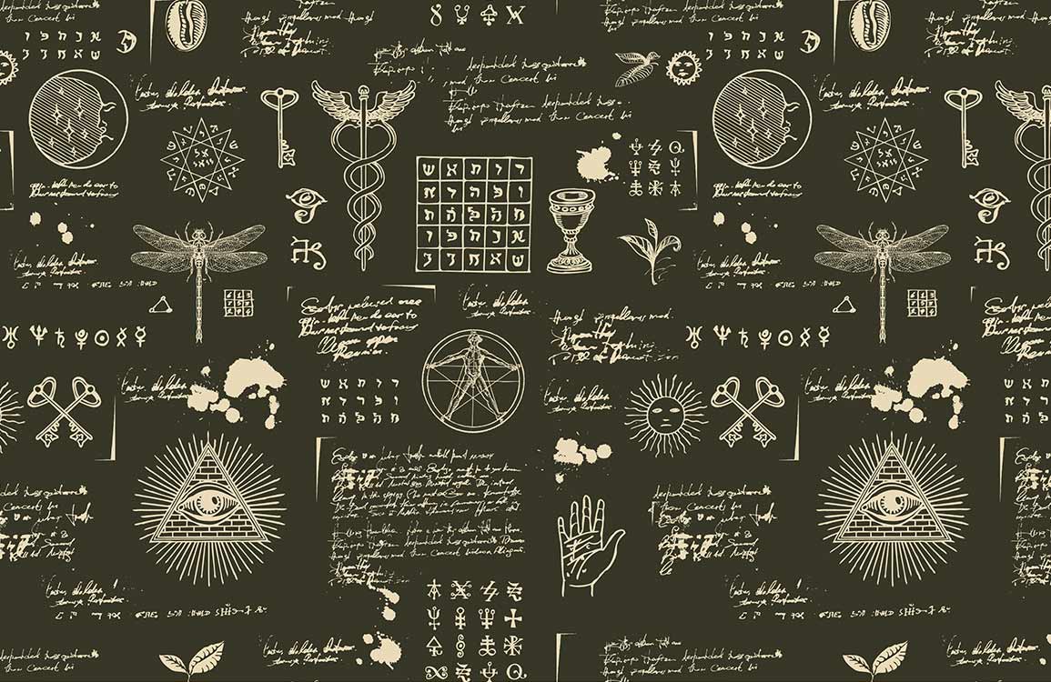 Papier peint mural cabale avec motif de symboles alchimiques sur tableau noir