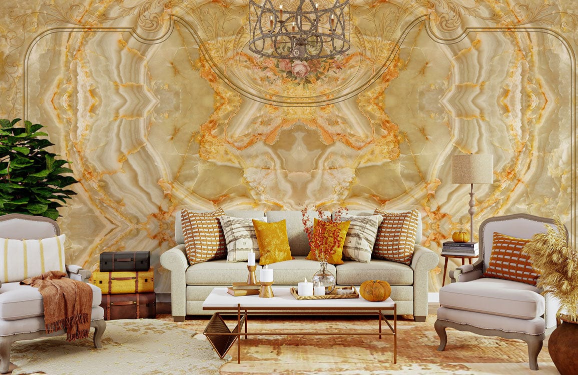 Peinture murale luxueuse avec cadre royal en cristal dans un salon chaleureux et élégant