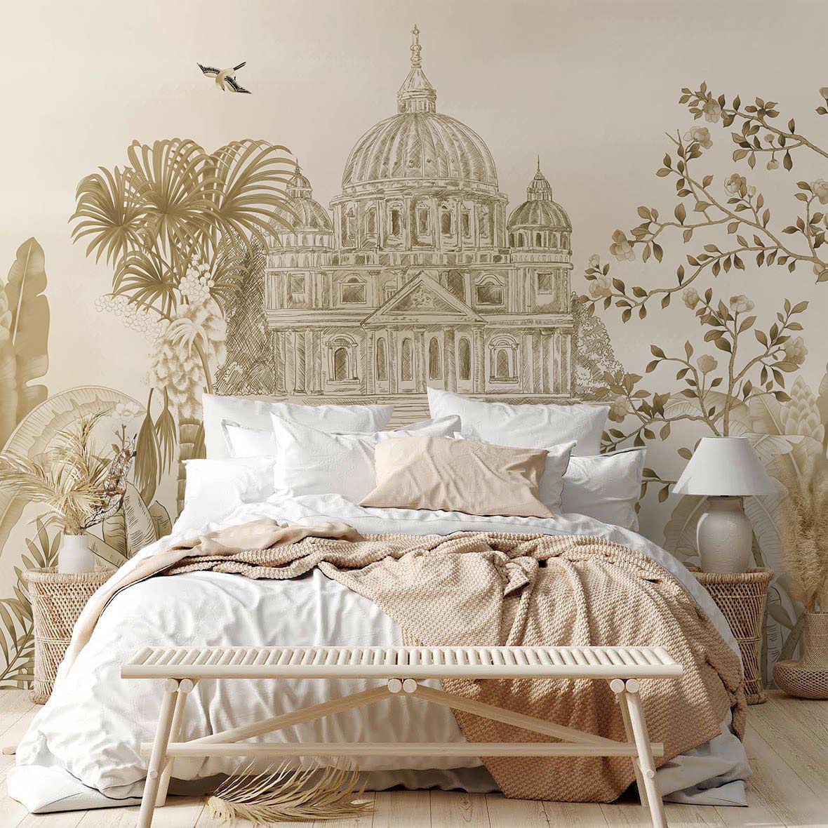 Peinture murale capitale dans une chambre spacieuse avec mobilier et lampes élégantes