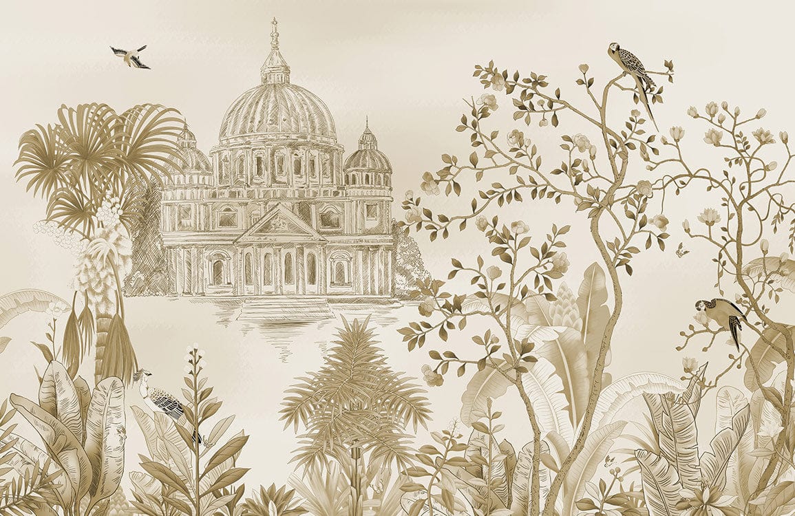 Illustration sépia d’un grand bâtiment avec foliage pour papier peint mural capitale